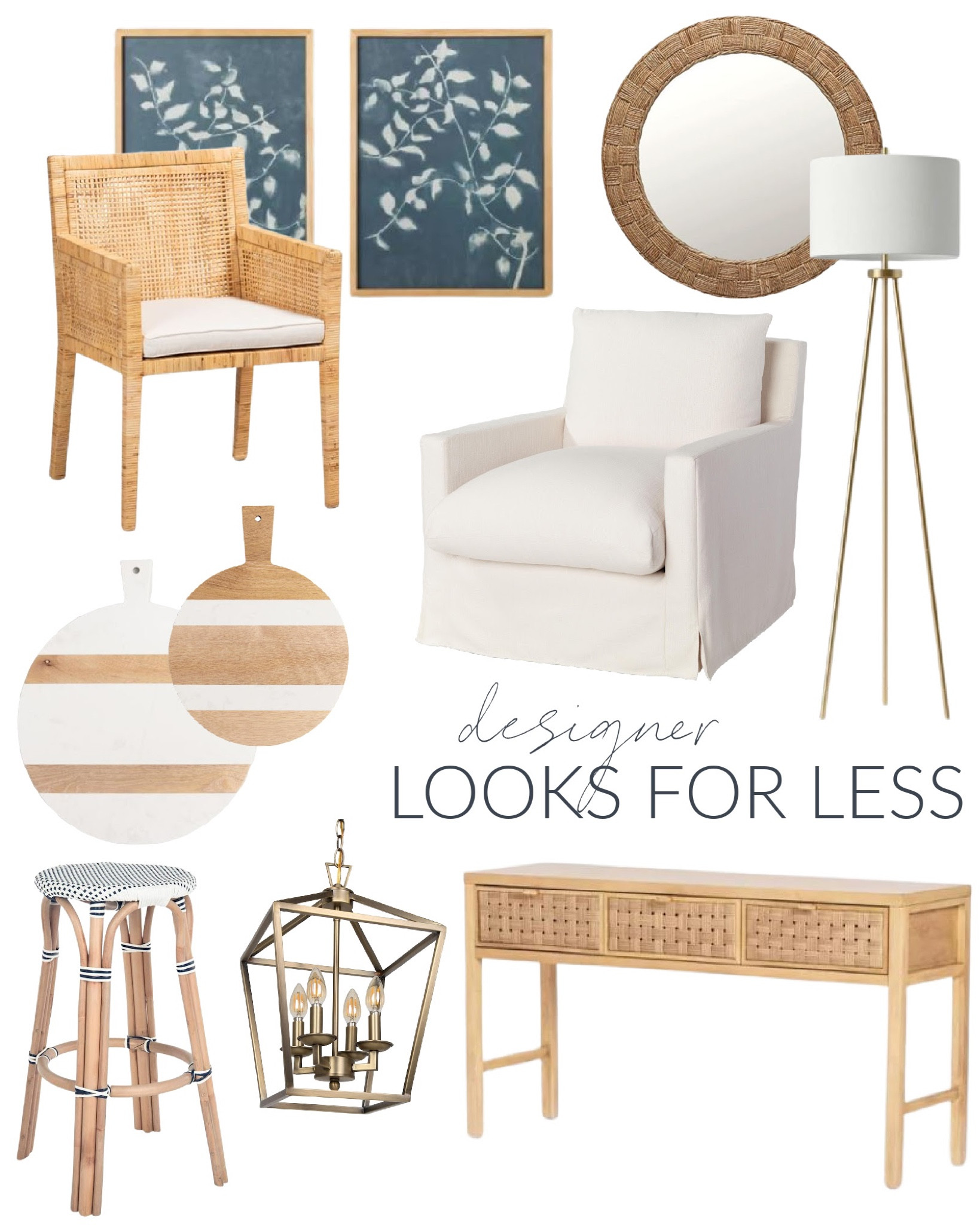 Designer looks for less include a round rope wall mirror, blue and white honeysuckle wall art, a natural finish rattan chair, a tripod floor lamp, an upholstered swivel chair, cutting boards, a white and black barstool, a woven drawer console in a natural finish and a four-light chandelier. 

look for less home, designer inspired, beach house look, amazon haul, amazon must haves, area rug amazon, home decor, Amazon finds, Amazon home decor, simple decor, target home décor, amazon faux trees, Walmart home décor, walmart finds, targetfanatic, targetdoesitagain, target home, studio mcgee, target finds, walmart chair, dining chairs, living room chairs, world market chairs, amazon mirrors, target wall art, canvas art, neutral design, island bar stool, kitchen accessories, charcuterie boards, wall mirror, kitchen decor, simple decor, coastal decorating, coastal design, coastal inspiration #ltkfamily #ltkfind 

#LTKSeasonal #LTKstyletip #LTKunder50 #LTKunder100 #LTKhome #LTKsalealert #LTKunder100 #LTKhome #LTKsalealert