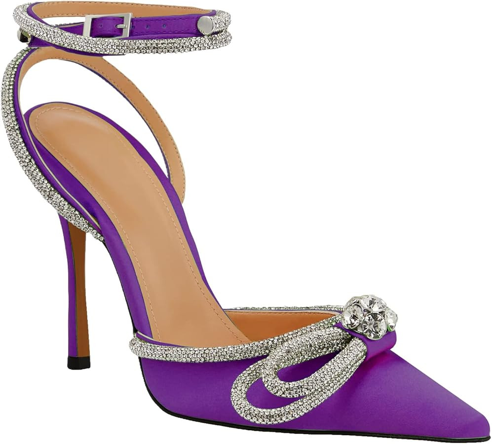 JANSEVEN Rhinestone Bow Heels Black Satin Bowknot Heeled Sandals For Women Ankle Strap Pumps Knot... | Amazon (US)