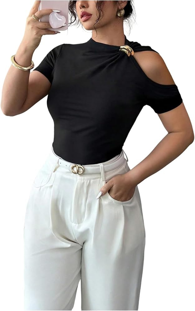 SOLY HUX Women's Cold Shoulder Ruched Tops Elegant Mock Neck Asymmetrical T Shirts Going Out Outf... | Amazon (US)
