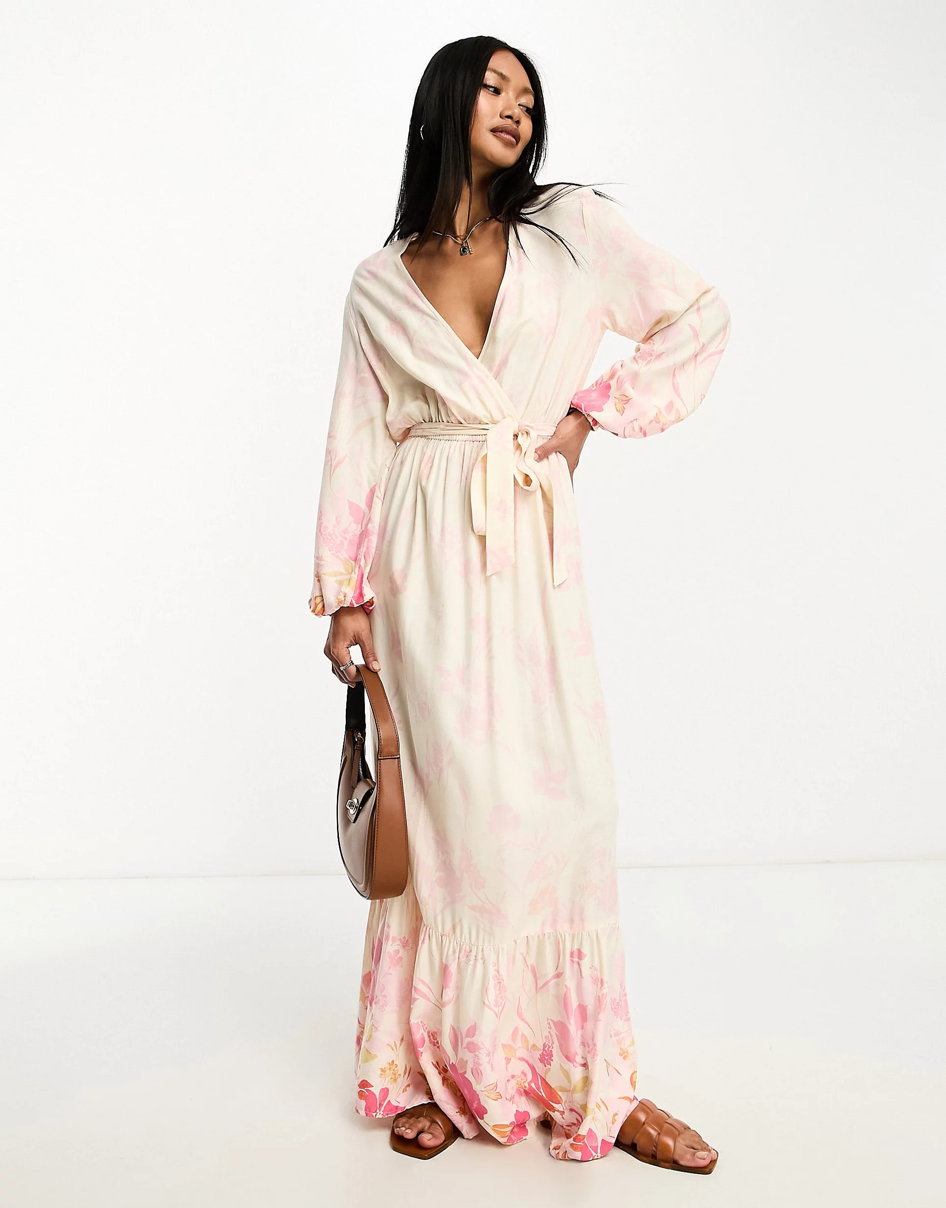 River Island ombre floral wrap maxi dress in pink | ASOS (Global)