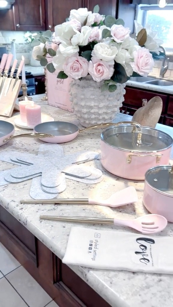 Styled Settings Pink Pots and Pans Set Nonstick - 15 PC Luxe Gold