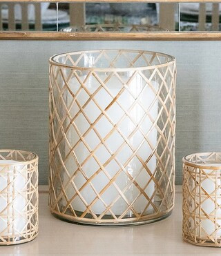 x Mrs. Southern Social Diamond Patterned Rattan & Glass Hurricane Decor | Dillards