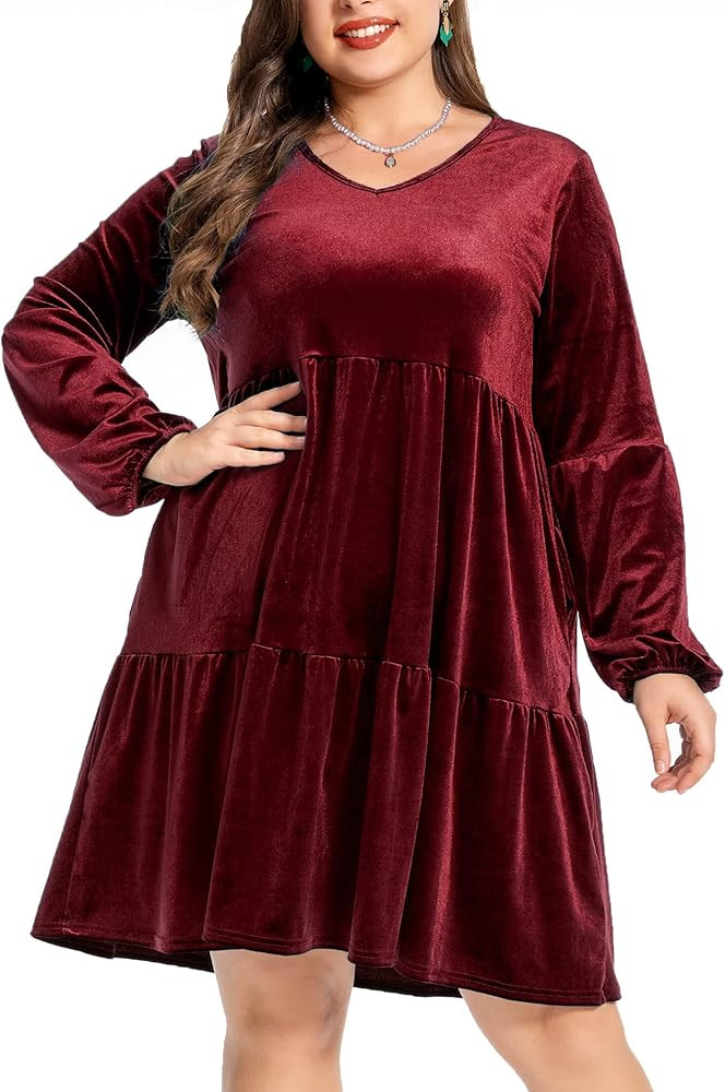 Women's Velvet Dress Long Sleeve Loose Flowy Swing Tunic Velvet Dress Plus Size Dress with Pocket | Amazon (US)