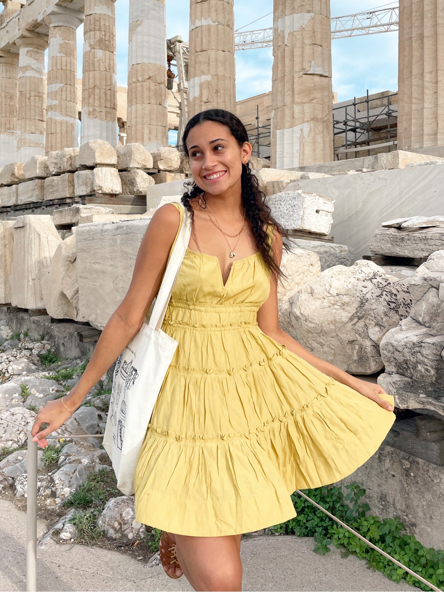 Yellow dress yellow sundress gold necklace yellow mini sundress season summer outfit summer dress spring dress Vestique dress spinning dress flowy skirt flowy dress