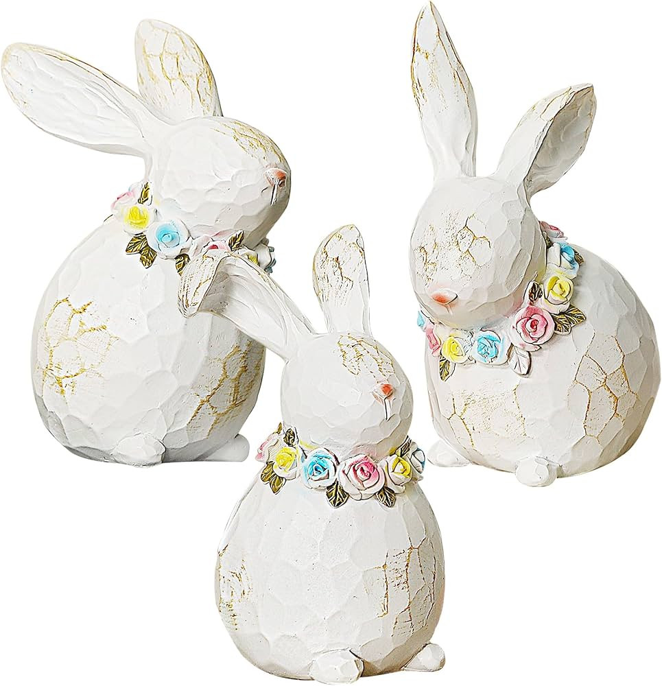 Lulu Home 3 Packs Easter Tabletop Ornaments, Resin White Bunnies Figurines with Floral Wreaths Ar... | Amazon (US)