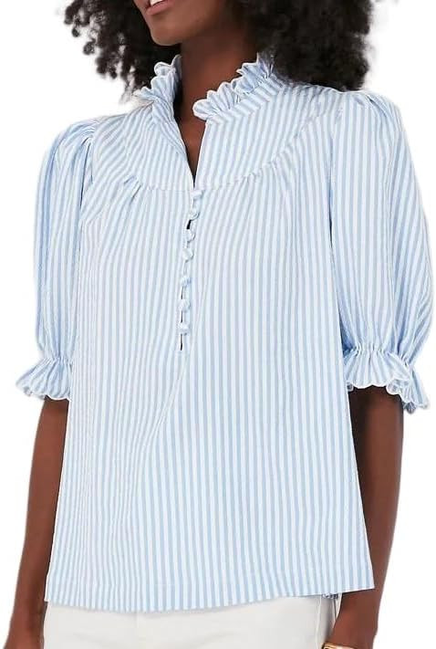 VAOYIU Selena Tshirts for Women Ruffle Collar Puff Sleeve Button Front Blouse Pure Color Elegant ... | Amazon (US)