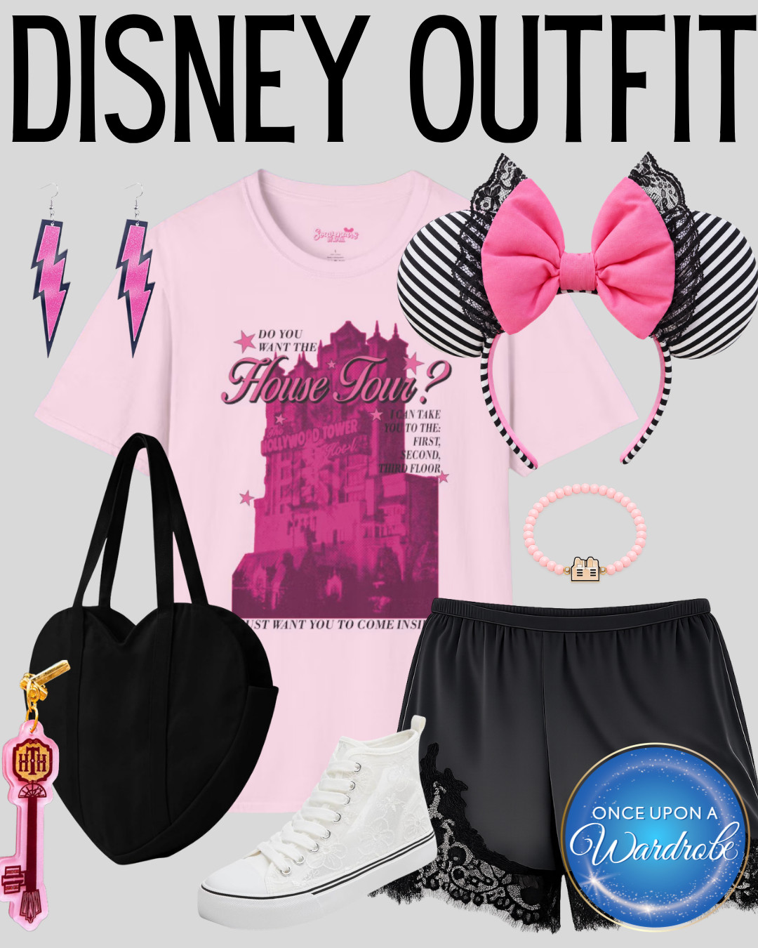 Tower of Terror Disney outfit idea with a pink graphic tee, black lace shorts, striped Minnie ears and white high-top sneakers. This Hollywood Studios outfit is perfect for a Twilight Zone Tower of Terror fan and gives you a cute, comfortable park look with just enough spooky detail. 

 #LTKootd #LTKTravel