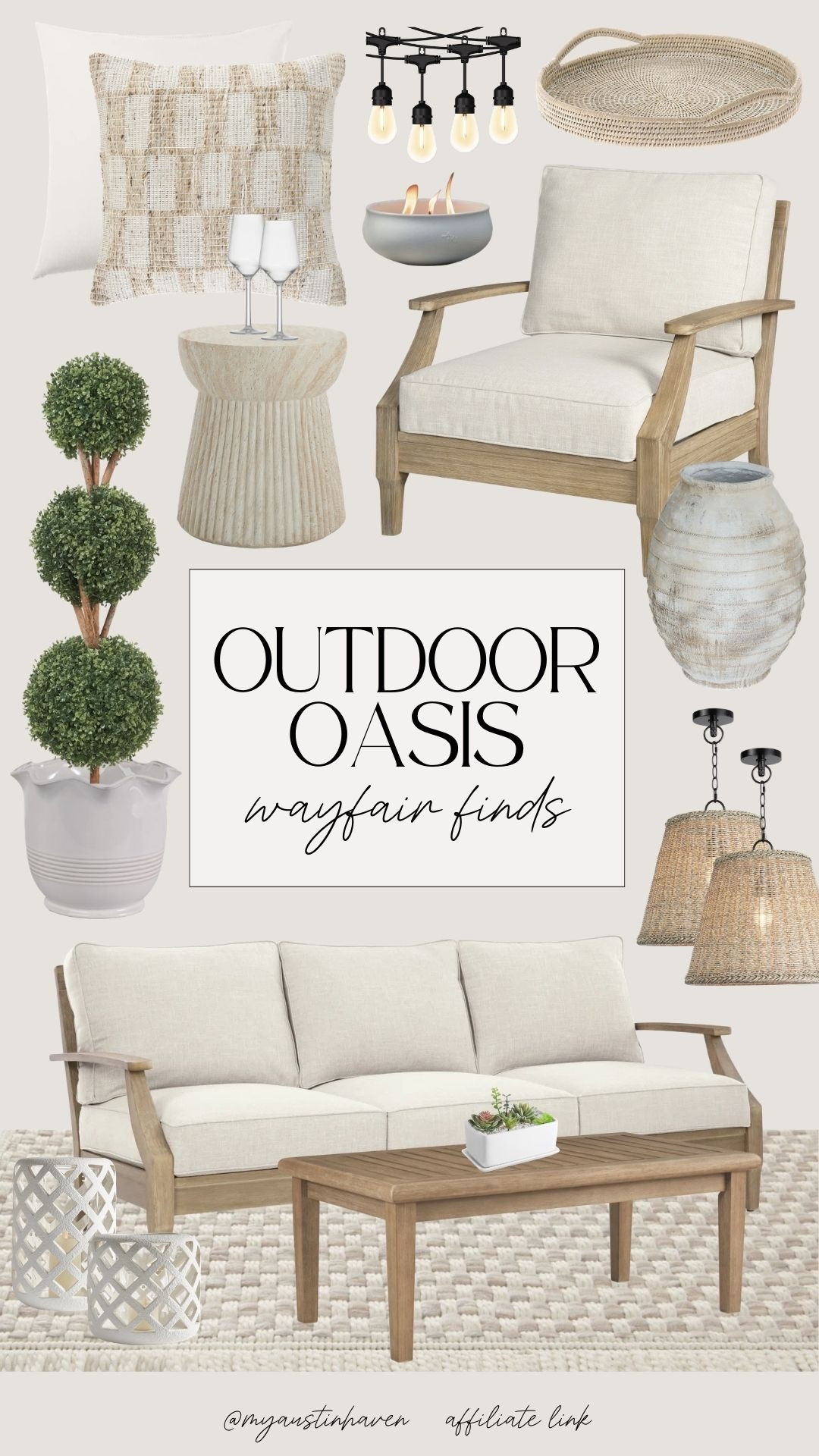 Turn your patio into a cozy neutral outdoor oasis. 🌿 Layered textures, warm wood tones, and timeless pieces all in one place.

Wayfair outdoor furniture, outdoor patio set neutral, outdoor oasis ideas, patio styling ideas, neutral outdoor decor, wood outdoor furniture, outdoor sofa set, woven pendant lights outdoor, outdoor coffee table wood, patio rug neutral, outdoor accent chair, topiary plant decor, outdoor lantern decor, cozy patio ideas, backyard styling inspiration, modern organic outdoor, outdoor entertaining space, affordable patio furniture, porch decor ideas, outdoor living inspiration 

 

#LTKHome #LTKdayinmylife #LTKSeasonal