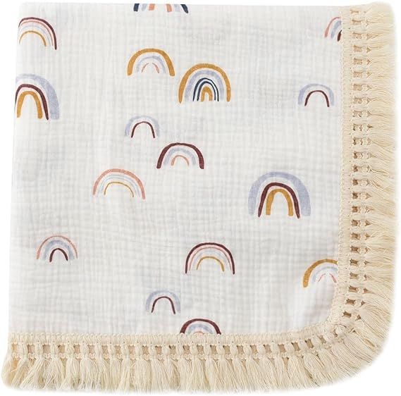 CHUNGEL Cotton Baby Muslin Tassles 40"x 47", Baby Receiving Blanket with Fringe, Boho Muslin Swad... | Amazon (US)