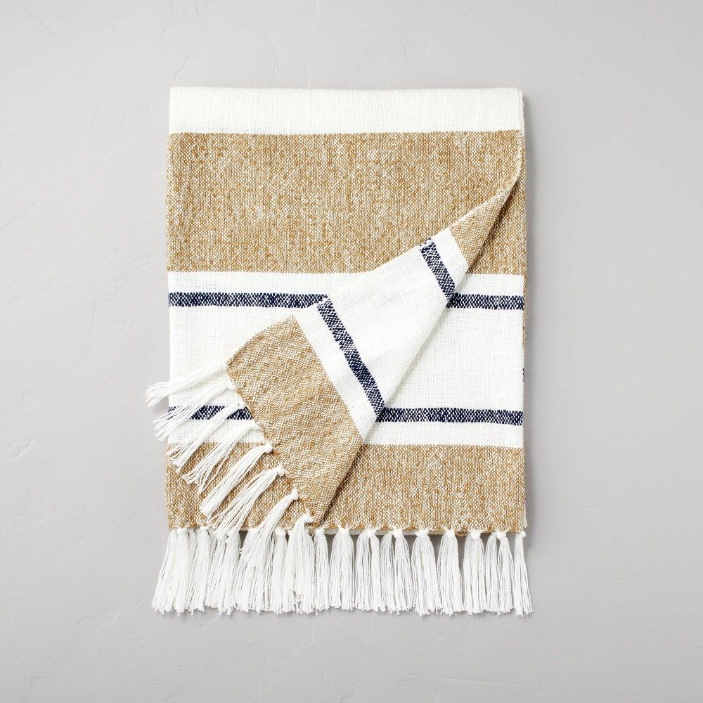 Neutral Wide Stripe with Knotted Fringe Throw Blanket Cream/Tan/Blue - Hearth & Hand with Magnolia | Target
