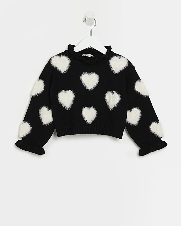 Mini Girls Black Heart Fluffy Jumper | River Island (UK & IE)