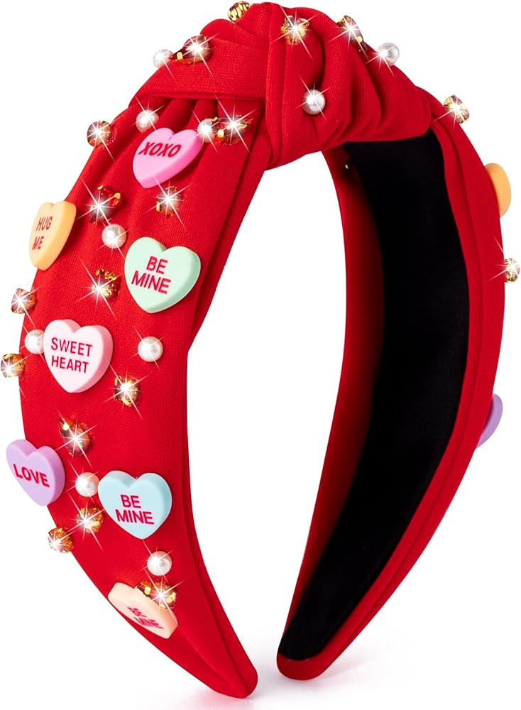 Y1tvei Valentine's Day Knotted Headband - Red Conversation XOXO Heart Love Crystal Rhinestone Hea... | Amazon (US)