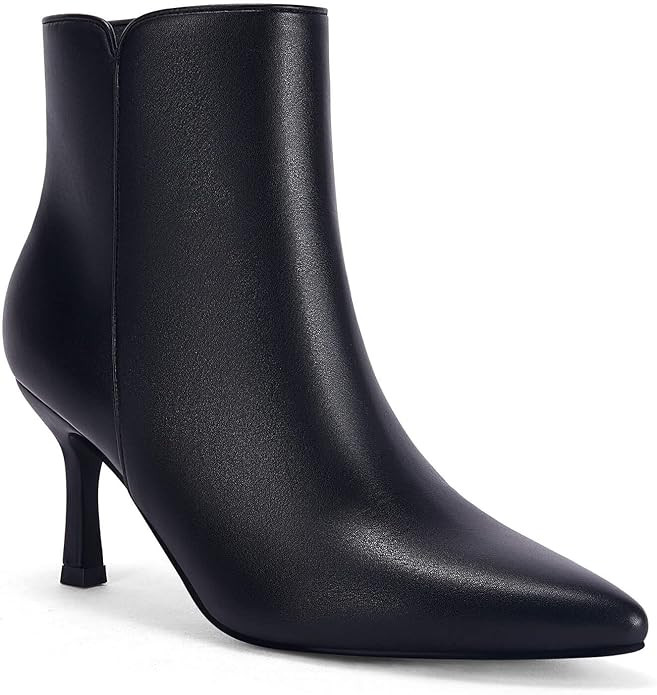 Coutgo Women's Kitten Heel Booties Pointed Toe Low Stiletto Side Zipper Ankle Boots Shoes | Amazon (US)