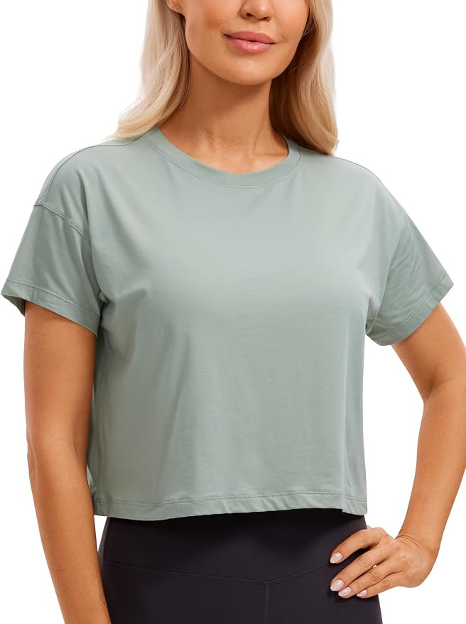 CRZ YOGA Women's Pima Cotton Workout Short Sleeve Shirts Loose Athletic Crop Tops Gym Casual Crop... | Amazon (US)