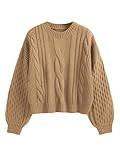 ZAFUL Women's Solid Knit Cable Sweater Casual Long Lantern Sleeve Pullover Crew Neck Knitted Tops | Amazon (US)