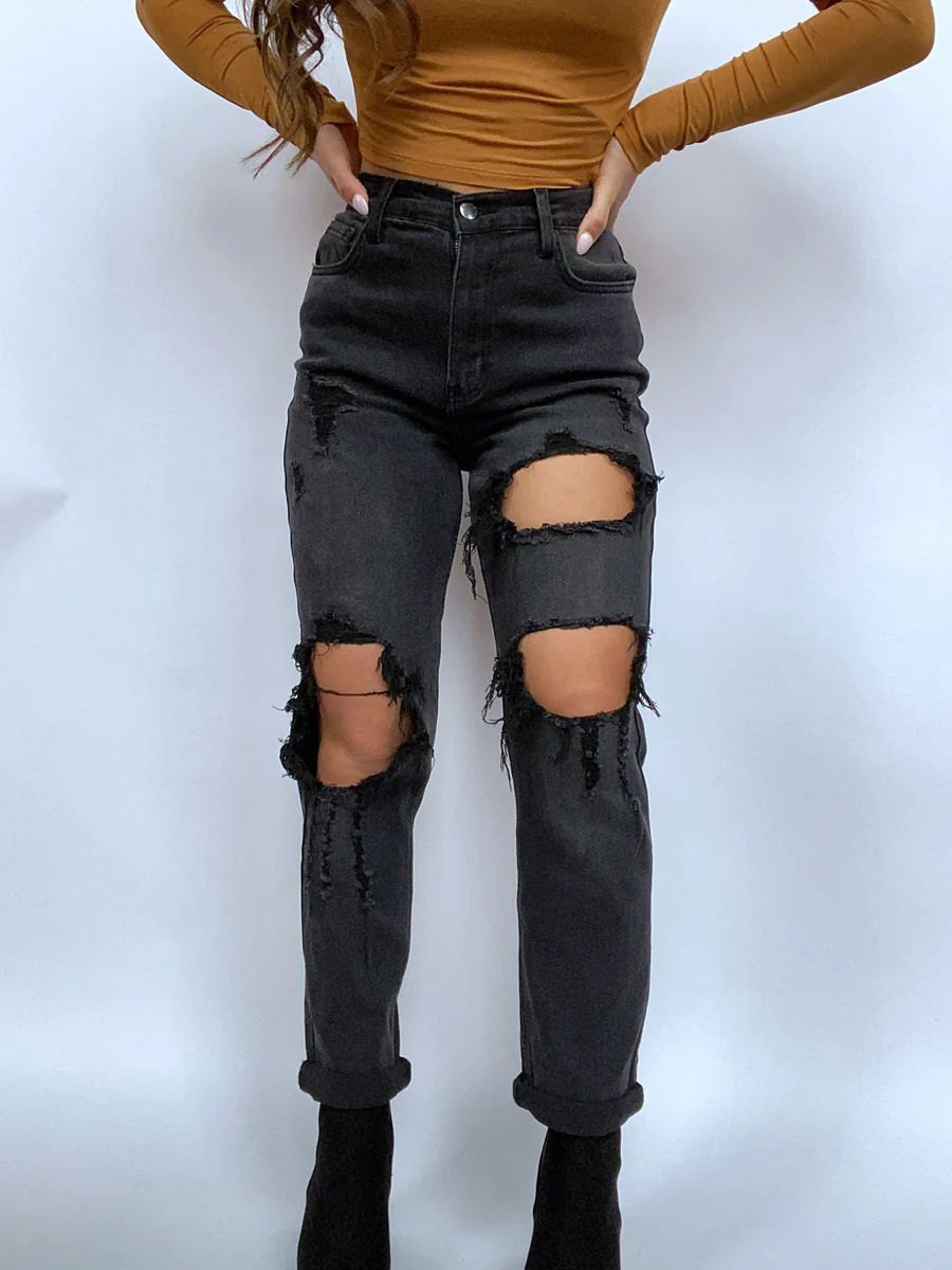 Baylee Black High Waisted Distressed Mom Jeans | Willow Boutique