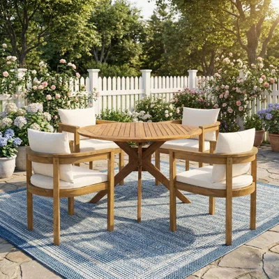 Renaud Modern Coastal Acacia Wood Outdoor Dining Set With Cushioned Armchairs And Round Slat Table | Wayfair North America