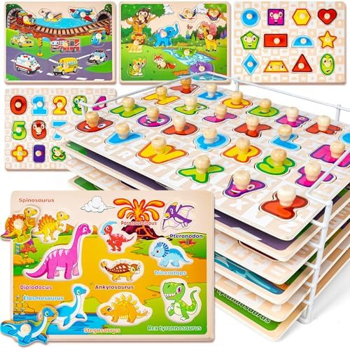 SYNARRY Wooden Puzzles for Toddlers 1-3, 6XSET Puzzles for Toddlers 2-4 with Rack, Learning Alpha... | Amazon (US)