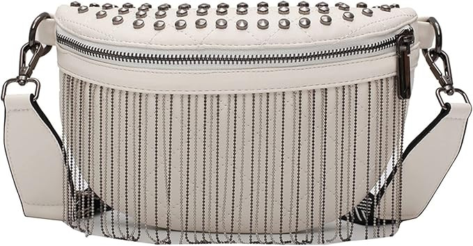 Women Girls Leather Fanny Pack Glitter Rhinestone Tassel Crossbody Shoulder Bag Rivet Chest Bag F... | Amazon (US)