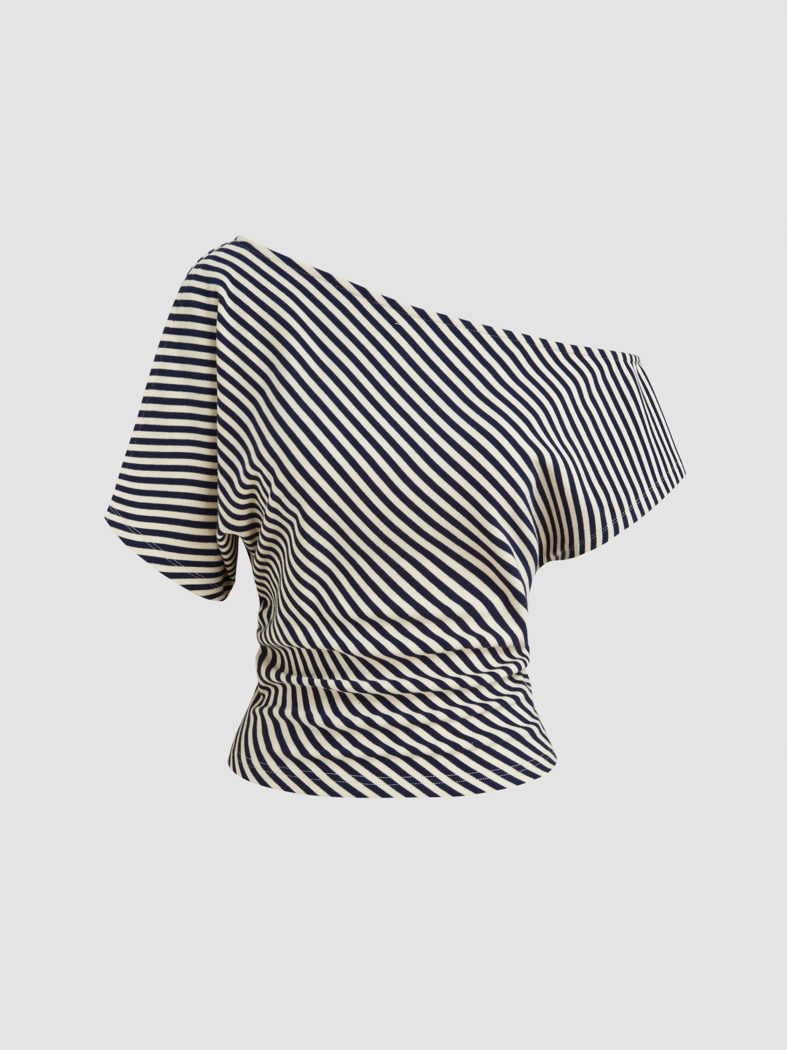 Jersey Jersey Asymmetrical Neck Stripe Ruched Tee For Daily Casual | Cider