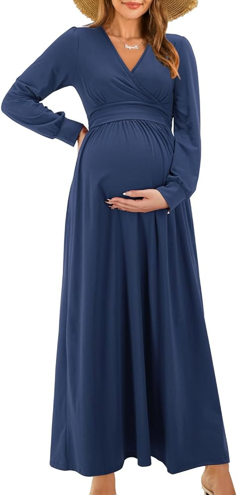 OUGES Maternity Maxi Dress Wrap V Neck Baby Shower Pregnancy Dresses for Photoshoot | Amazon (US)