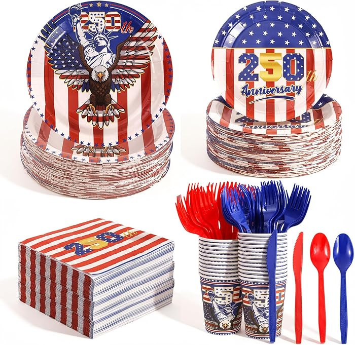 4th of July Decorations, 336Pcs Patriotic Paper Plates and Napkins Set, American Flag Themed Part... | Amazon (US)