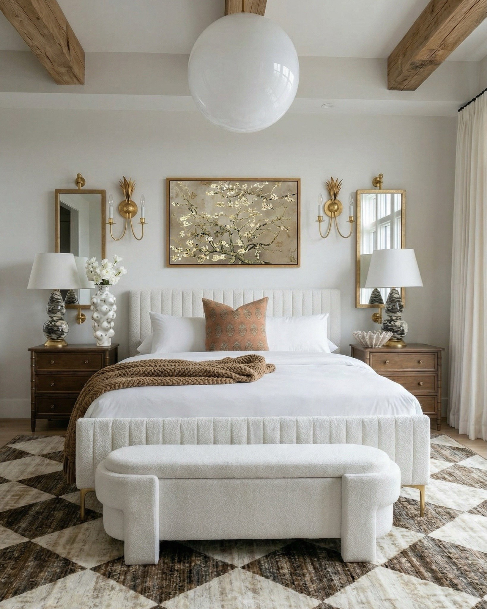 Furniture
* upholstered bed cream channel tufted
* boucle bench ivory curved legs
* dark wood nightstands traditional 3 drawer
* classic wood nightstand brass knobs
Lighting
* white globe pendant light oversized
* brass wall sconces double arm
* ceramic table lamp white shade
* marble base table lamp neutral
Decor
* gold framed wall mirrors tall rectangular
* gold floral wall art neutral canvas
* ceramic vase white sculptural
* decorative coral bowl white
* gold tray decor coffee table books
* neutral floral arrangement white stems
Bedding
* white duvet cover luxury hotel style
* brown chunky knit throw blanket
* neutral accent pillow terracotta pattern
* white euro pillows minimal
Textiles
* brown cream diamond pattern rug
* geometric area rug neutral tones
BEDROOM 2 (Dresser + Accent Corner)
Furniture
* curved wood dresser dark walnut
* modern vintage dresser brass pulls
* boucle accent chair cream
* upholstered armchair neutral fabric
Decor
* scalloped gold wall mirror statement
* decorative tray gold round
* ceramic decorative bowl textured
* stacked coffee table books neutral decor
* sculptural decor objects modern organic
Textiles
* neutral throw pillow abstract pattern
* boucle cushion cream texture

🍽️ DINING ROOM (Dark Wood + Organic Modern)
Furniture
* dark wood dining table trestle base
* rustic wood dining table large
* upholstered dining chairs cream curved
* boucle dining chairs rounded back
* ribbed wood sideboard cabinet
Lighting
* brass chandelier modern classic
* gold chandelier candle style
* brass wall sconces decorative
Decor
* large ceramic floor vase white
* tall decorative vase with branches
* black decorative bowl centerpiece
* gold elephant figurine decor
* neutral abstract wall art textured
* table lamp linen shade neutral
Textiles
* neutral area rug with black stripe border
* modern striped rug cream black


#LTKHome #LTKSaleAlert