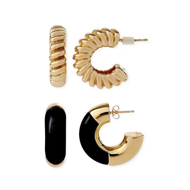 Scoop Women’s 14KT Gold Plated Black Resin Hoop Earring Set, 2-Piece - Walmart.com | Walmart (US)