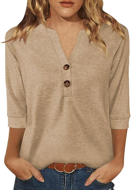 Womens Tops 3/4 Sleeve V Neck Button Down Shirts Business Casual Outfits Basic Tees Summer Top 20... | Amazon (US)