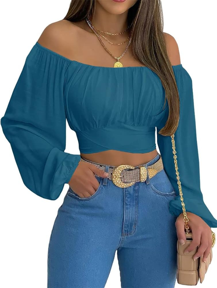 MIRACMODA Woman Off Shoulder Ruched Tie Back Lantern Sleeve Crop Top Summer Rib Blouse | Amazon (US)