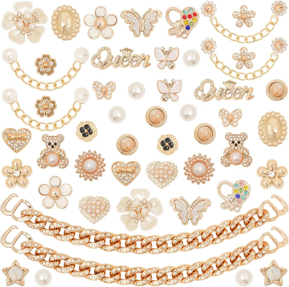 50 Pcs Bling Shoe Charms Set Pearl, Butterfly, Flower & Chain Shoe Charm Decorations for Clogs Cu... | Amazon (US)