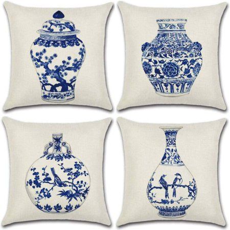 4 pieces of retro Chinese style blue and white porcelain blue ceramic bottle pillow cover | Walmart (US)
