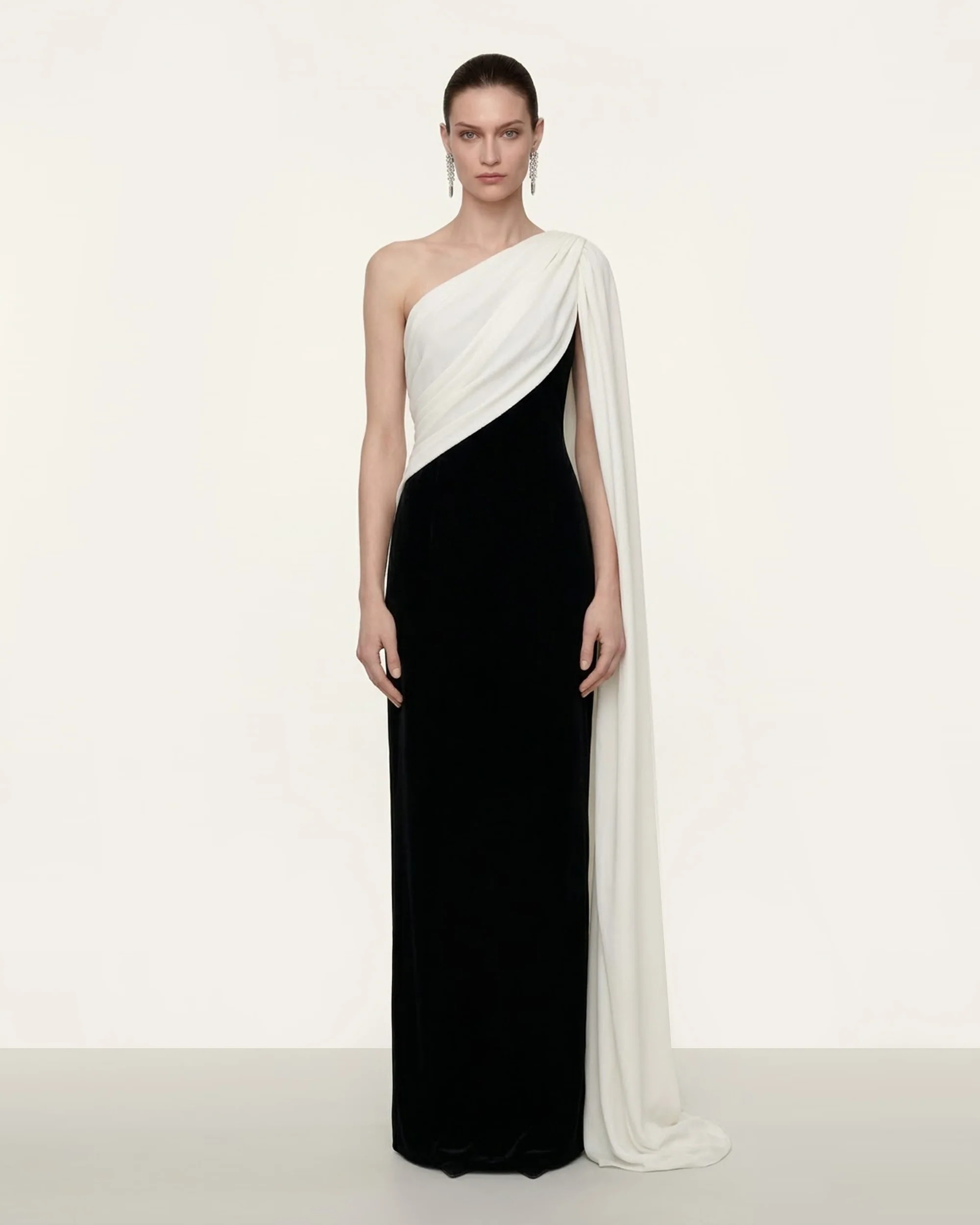 One Shoulder Draped Maxi Dress - Black White | JW PEI US