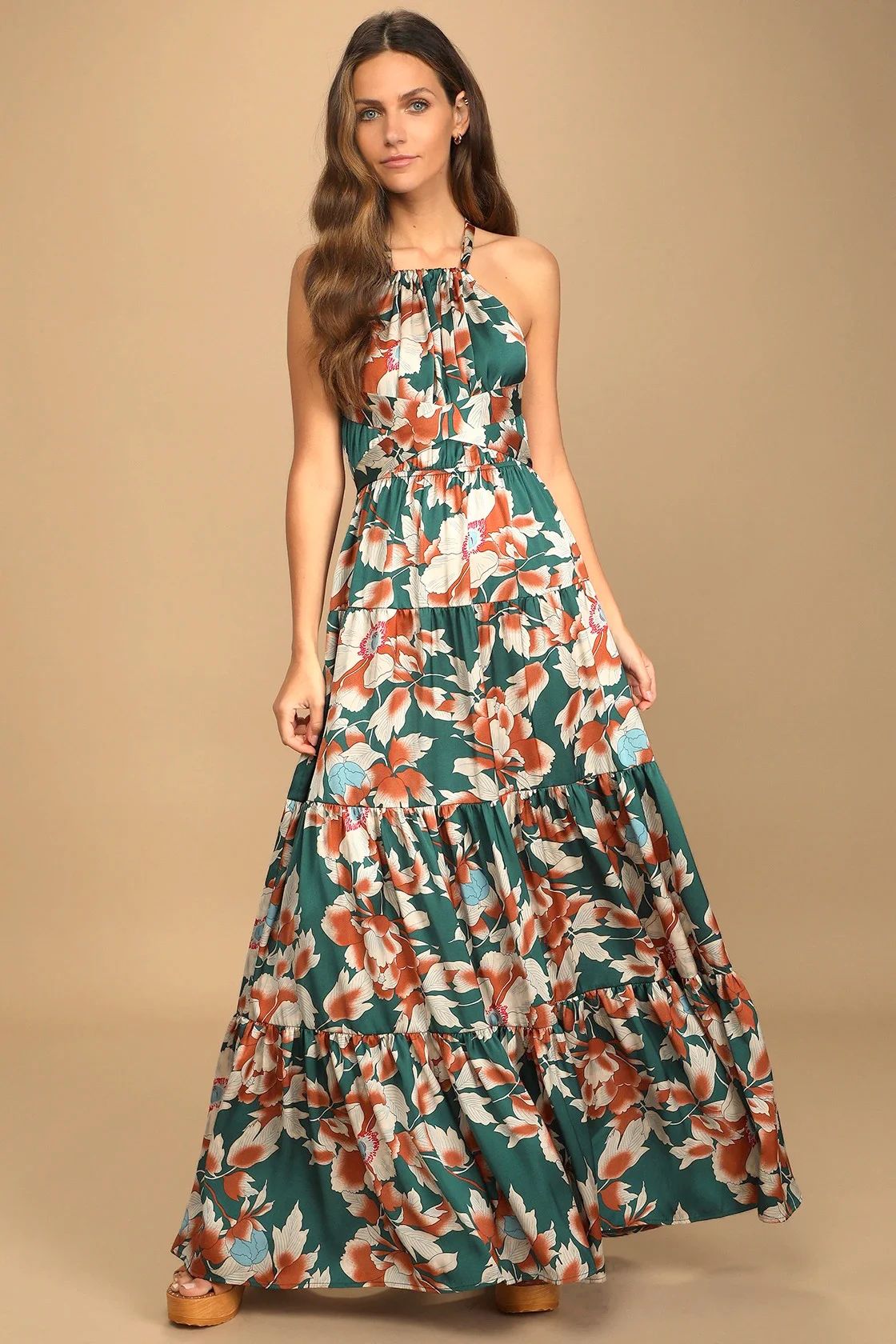 Heat Wave Babe Green Floral Print Tie-Back Tiered Maxi Dress | Lulus (US)