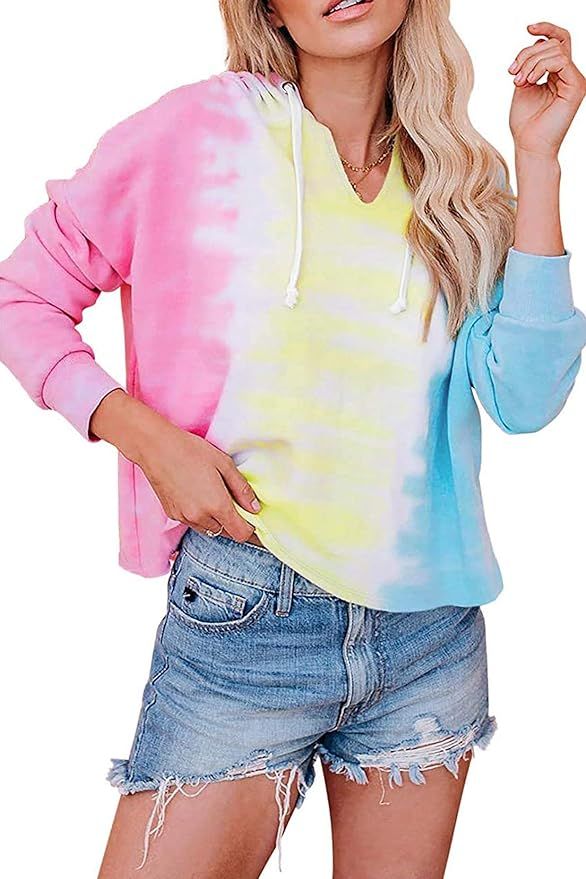 WIHOLL Women's V Neck Hoodie Sweatshirts Tie Dye Casual Long Sleeve Pullover Tops | Amazon (US)