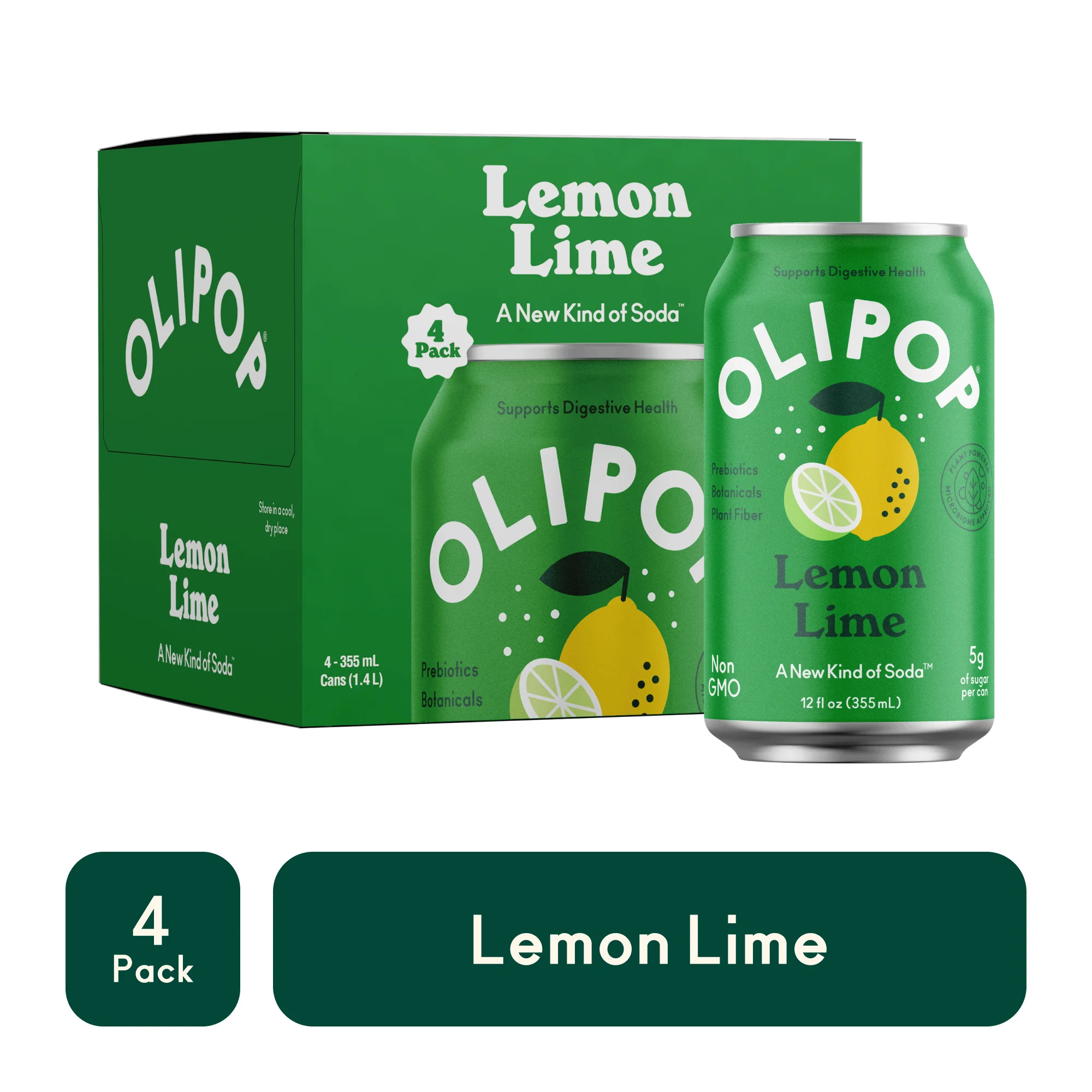 OLIPOP Prebiotic Soda, Lemon Lime, 12 fl oz, 4 Pack, Shelf Stable | Walmart (US)