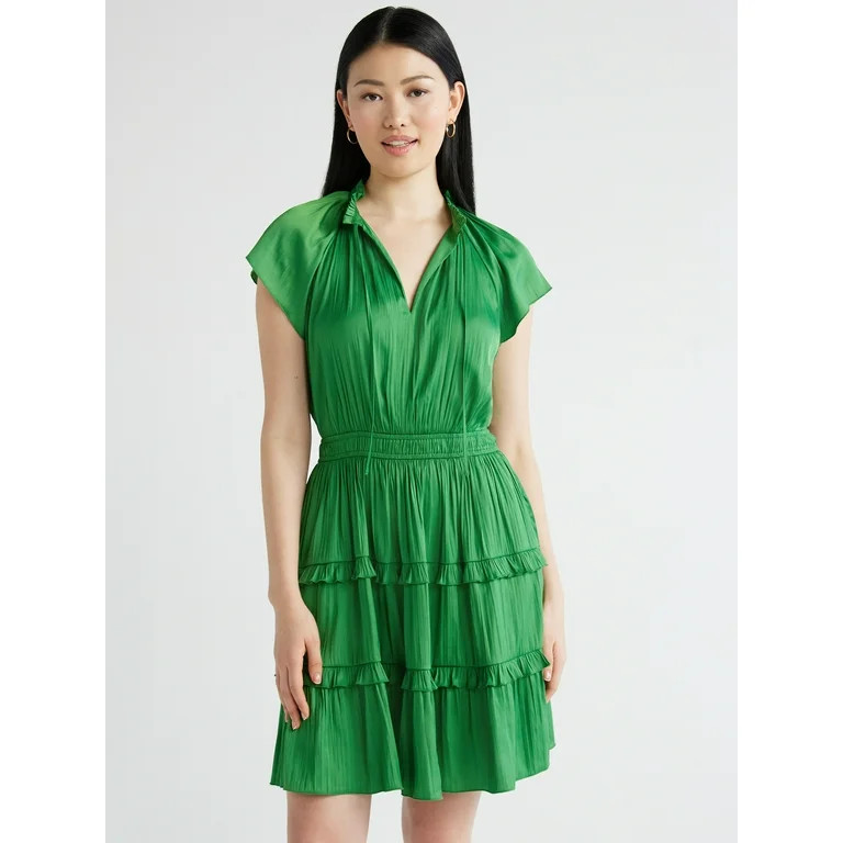 Scoop Women's Satin Mini Ruffle Dress with Cap Sleeves, Sizes XS-XXL | Walmart (US)