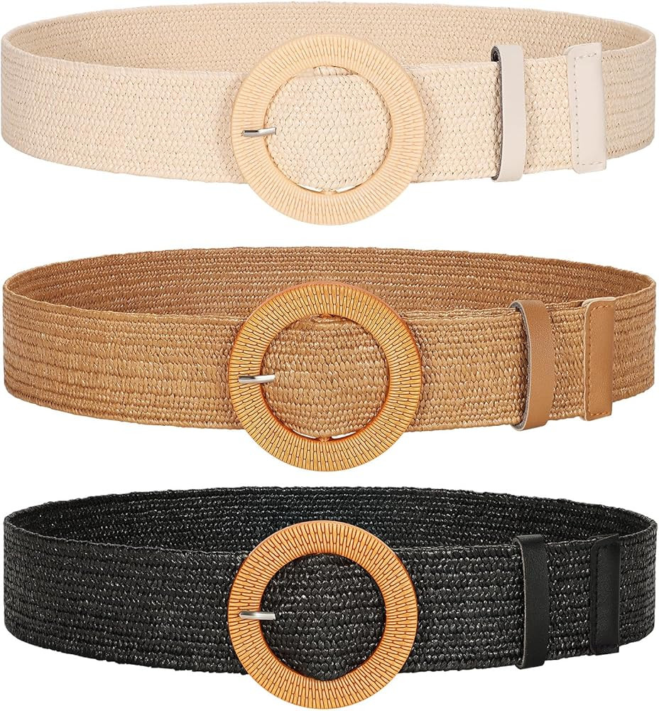 JASGOOD 3 Pack Women Straw Woven Elastic Belts Wide Stretch Raffia Waist Belt for Summer Dress | Amazon (US)