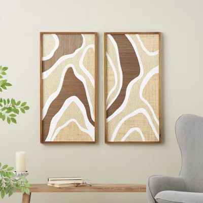 Wood Textured Wavy Abstract Brown Wall Decor with White and Tan Accents Set | Wayfair North America