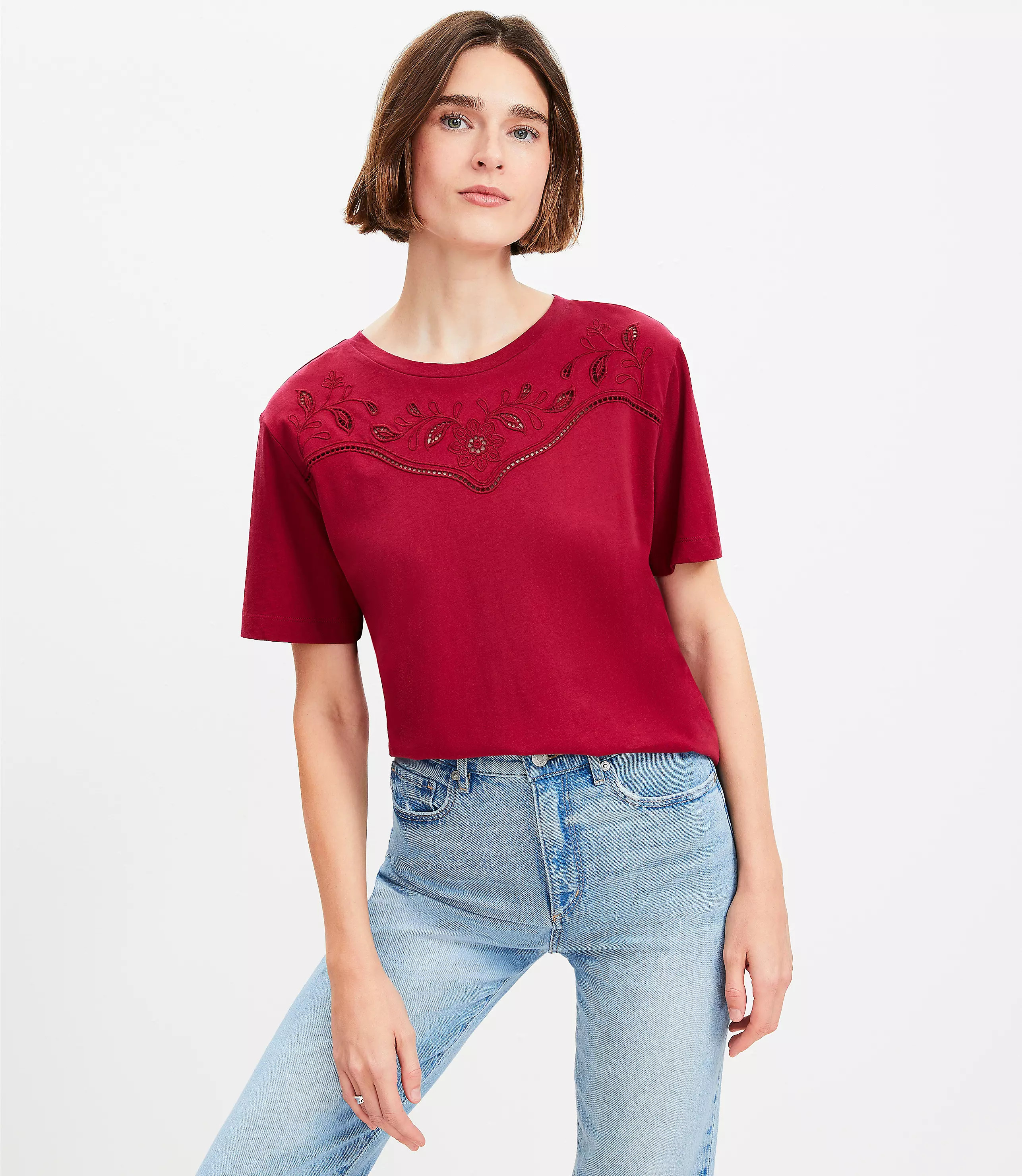 Floral Cutout Lace Yoke Tee | LOFT