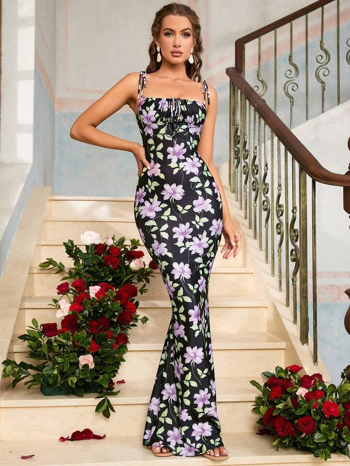 PARTHEA Floral Print Tie Shoulder Mermaid Hem Maxi Cami Dress | SHEIN