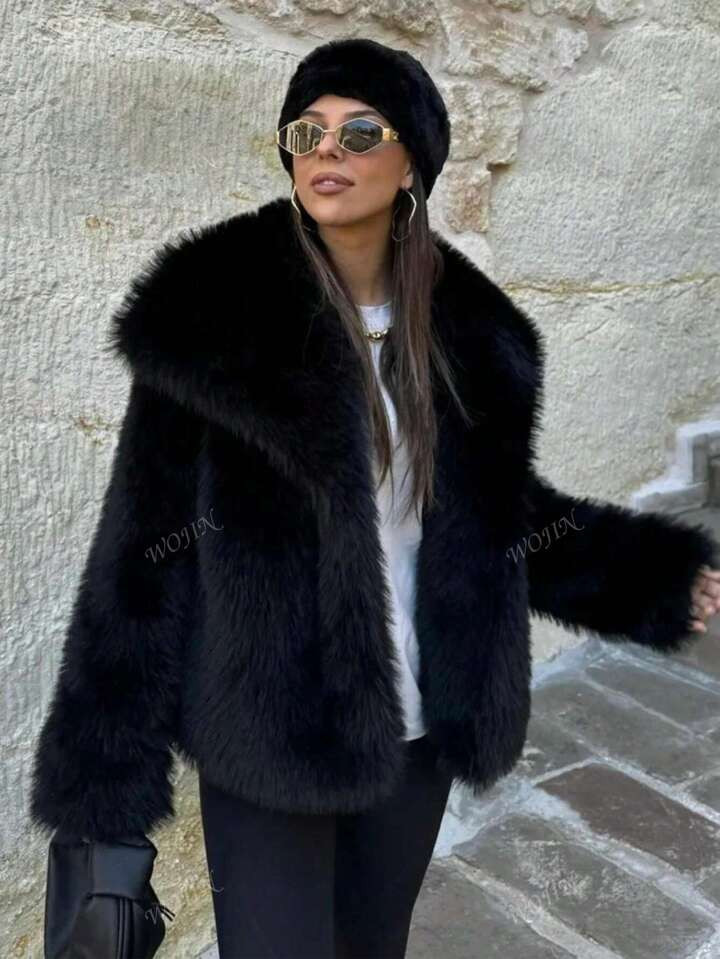 Ladies Casual Luxury Solid Color Coat Warm Fluffy Coat | SHEIN