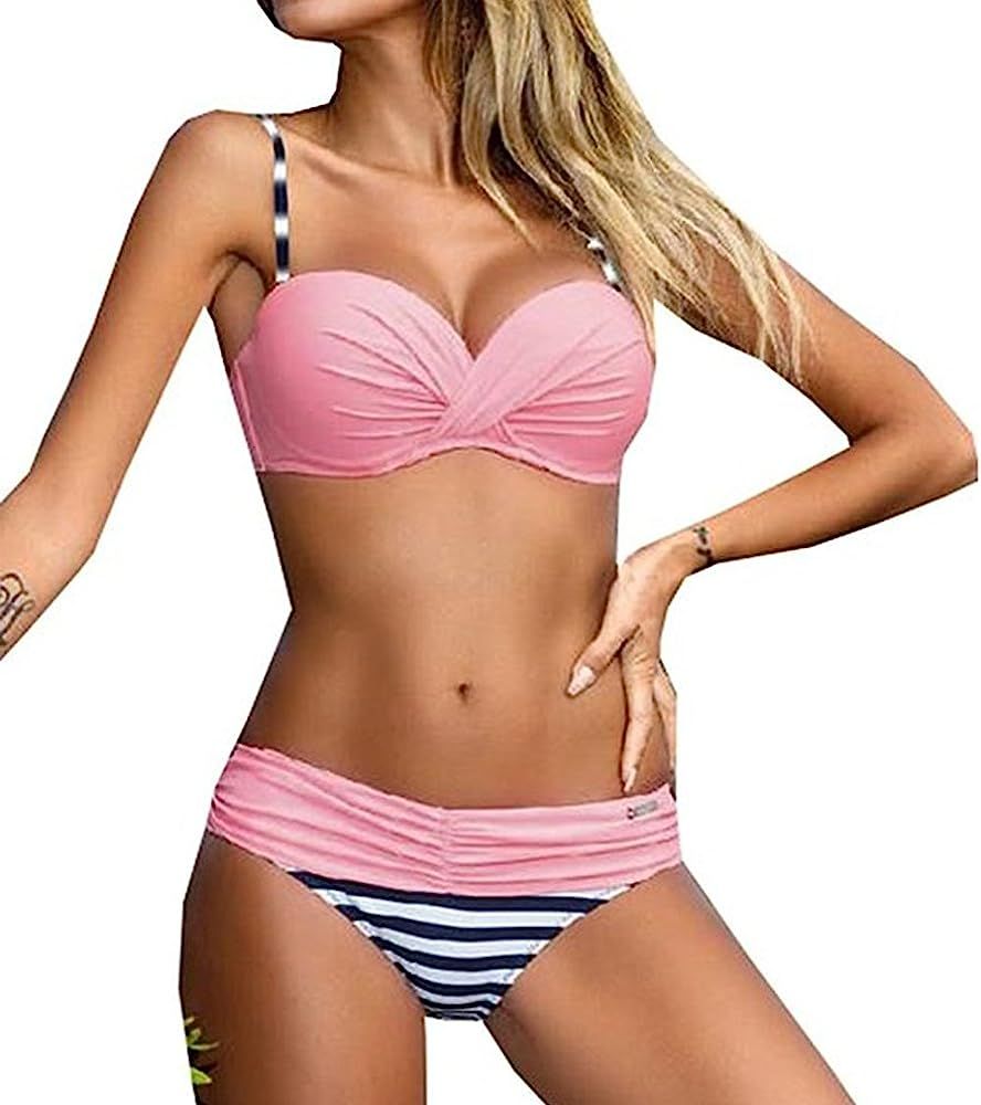 Lukitty Women's Push Up Bikini Set Two Piece Strapless Bathing Suit Swimsuit | Amazon (US)