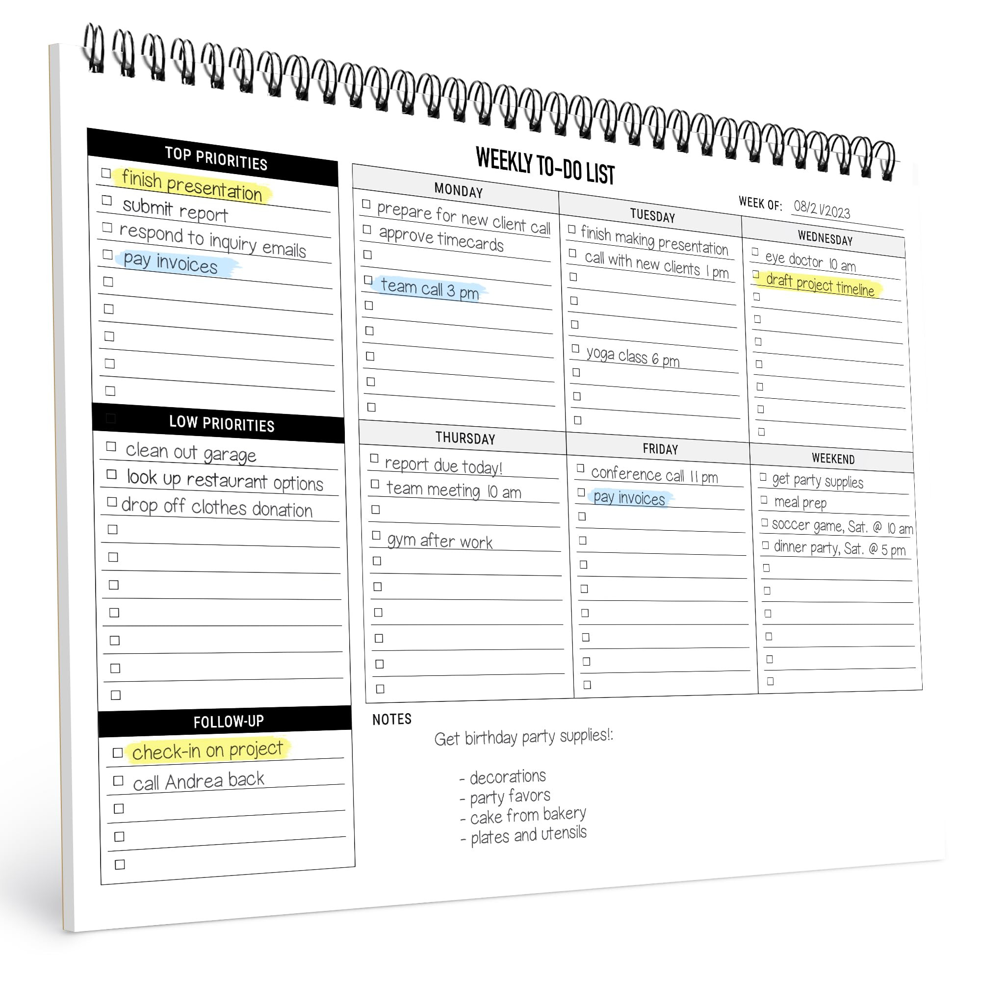 Weekly Planner To Do List Pad - 8.5x11" 52 Sheets Spiral - Desk Notepad with Multiple Sections - ... | Amazon (US)