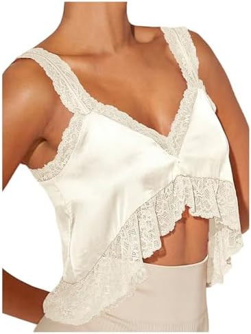 SOLY HUX Women's Satin Crop Top Lace Trim Sleeveless Asymmetrical Tank Shirt Going Out Tops | Amazon (US)