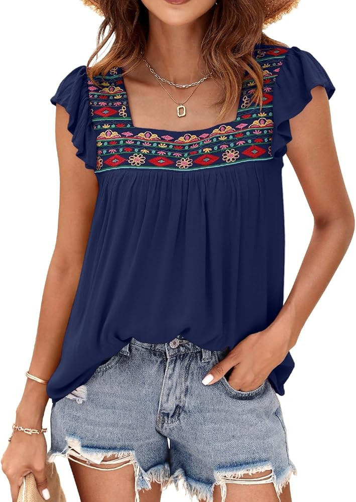 DOROSE Womens Square Neck Embroidered Tops Flowy Babydoll Tops Ruffle Sleeve Boho Peasant Blouses | Amazon (US)