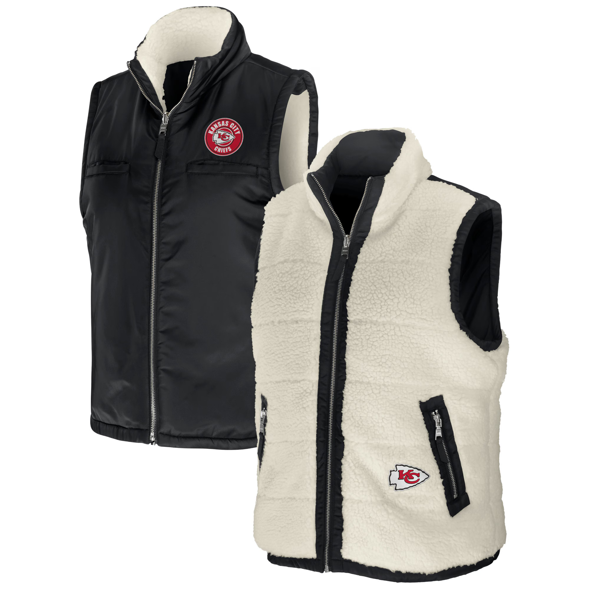 Women's Kansas City Chiefs WEAR by Erin Andrews Black/Cream Reversible Sherpa Full-Zip Vest | NFL Shop