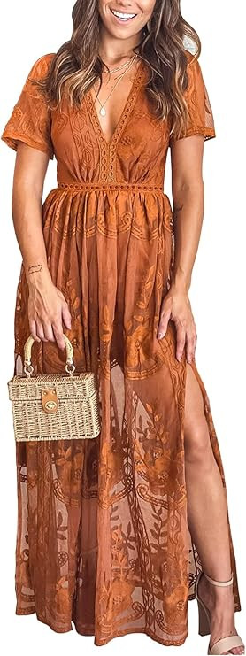 LRISES Womens V Neck Floral Embroidered Lace Wedding Maxi Dress Boho Short Sleeve Slit Bridesmaid... | Amazon (US)