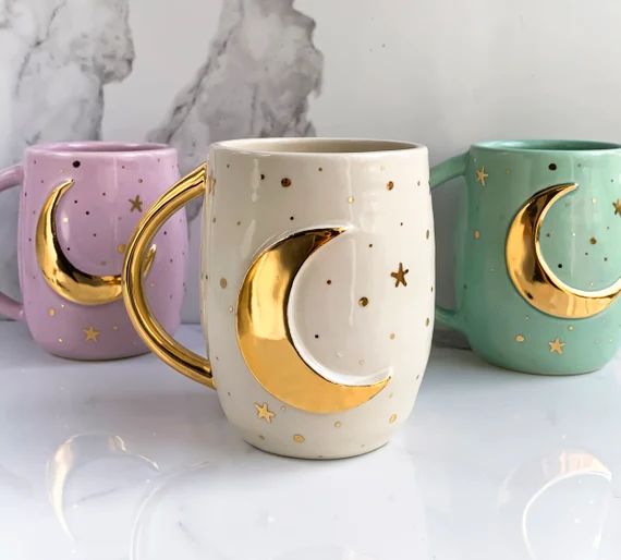 Pastel Lunar Mug with 22k Gold Moon, Moon Mug, Modern Mud, Celestial Mug, Porcelain Mug | Etsy (US)