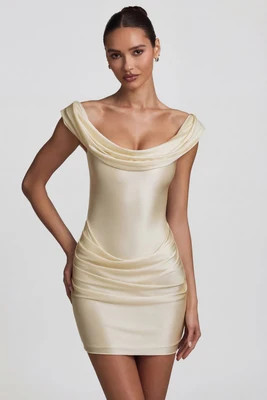 Satin Off-Shoulder Draped Mini Dress in Pearl | Oh Polly
